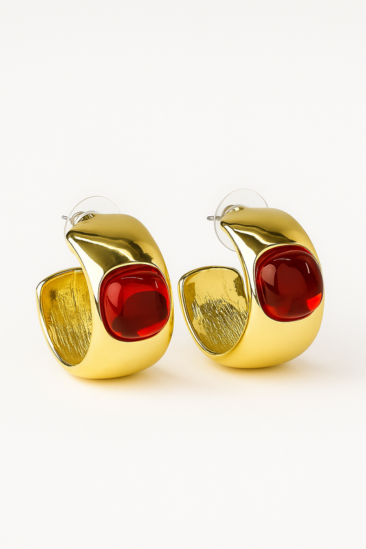 Gold Hoops with Crimson Gemstones